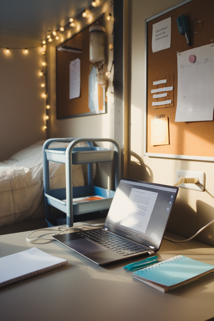 Dorm room study desk featuring a laptop and a charger
