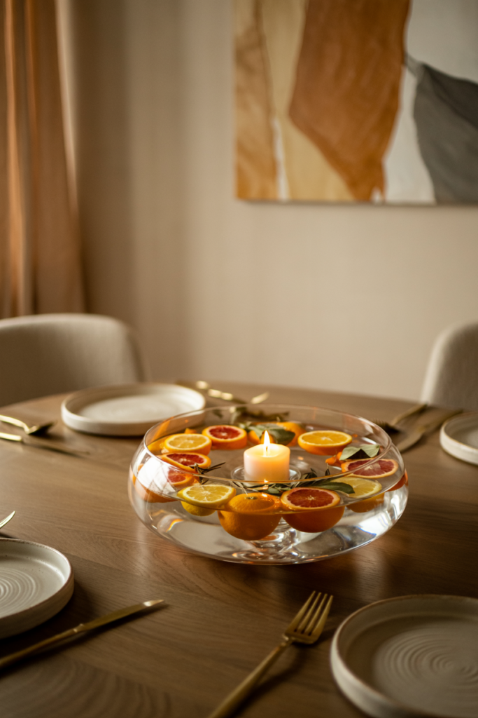 Modern dining table styled with a clear low glass bowl filled with water, floating citrus slices, bay leaves, and a single candle, creating an elegant and sophisticated fall centerpiece.