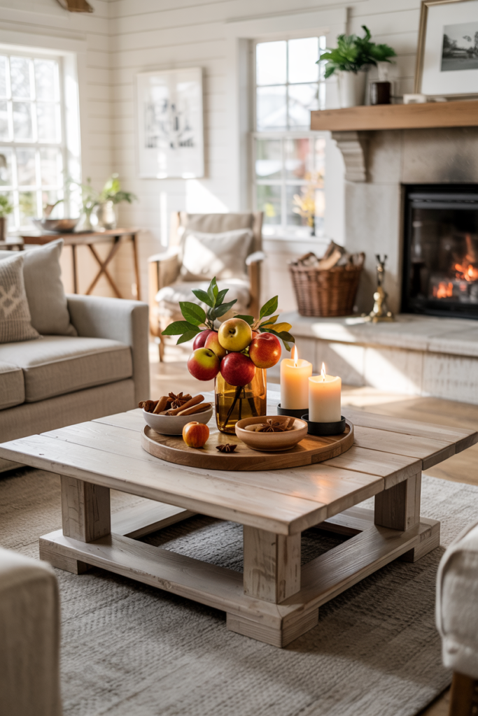 Modern rustic coffee table styled with a wooden tray holding apples, candles, and cinnamon sticks, creating a cozy, aromatic, and Pinterest-worthy fall centerpiece.
