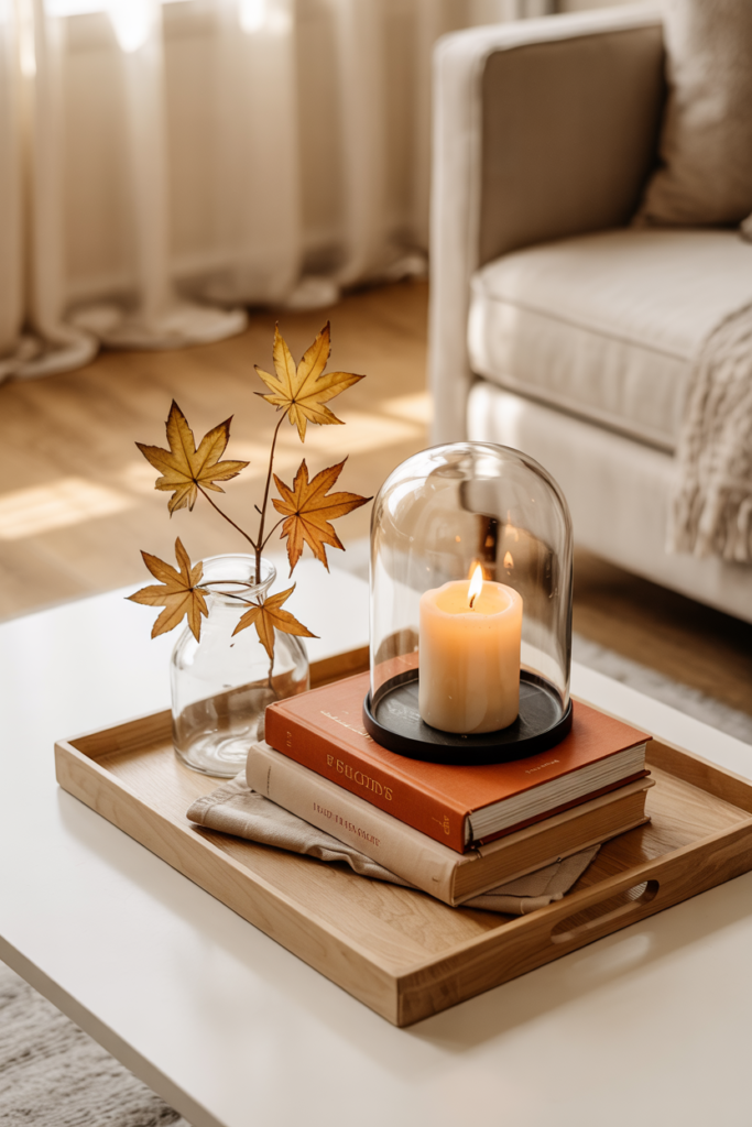 Modern contemporary coffee table styled with a decorative tray holding stacked books, a glass cloche with a candle, and a small autumn leaf sprig, creating a cozy fall centerpiece.