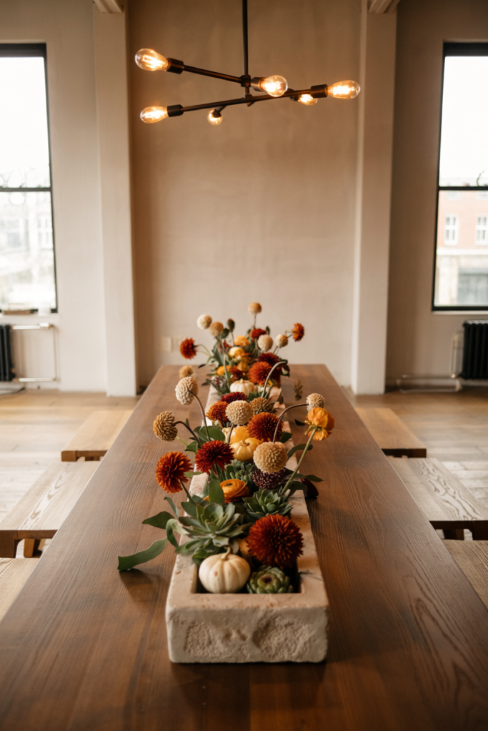 Modern dining table styled with a long stone trough filled with layered autumn elements like mini pumpkins, acorns, dried leaves, and berries, creating a sleek, contemporary fall centerpiece.