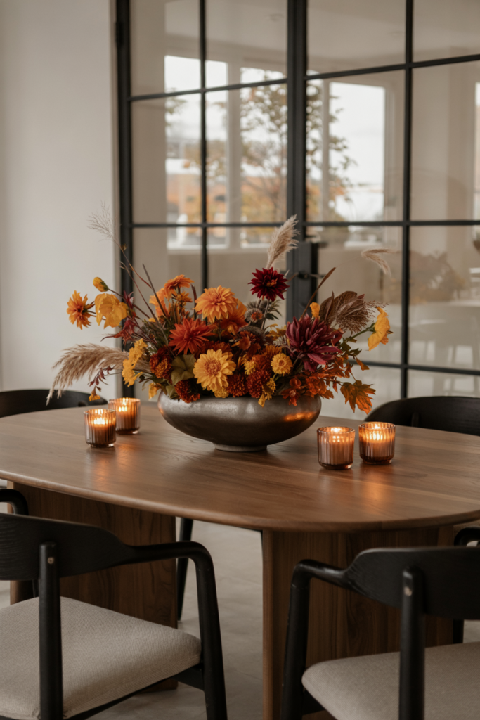 Modern dining table styled with a low oval bowl filled with autumn florals and dried grasses, creating a warm, textured, and Pinterest-worthy fall centerpiece.