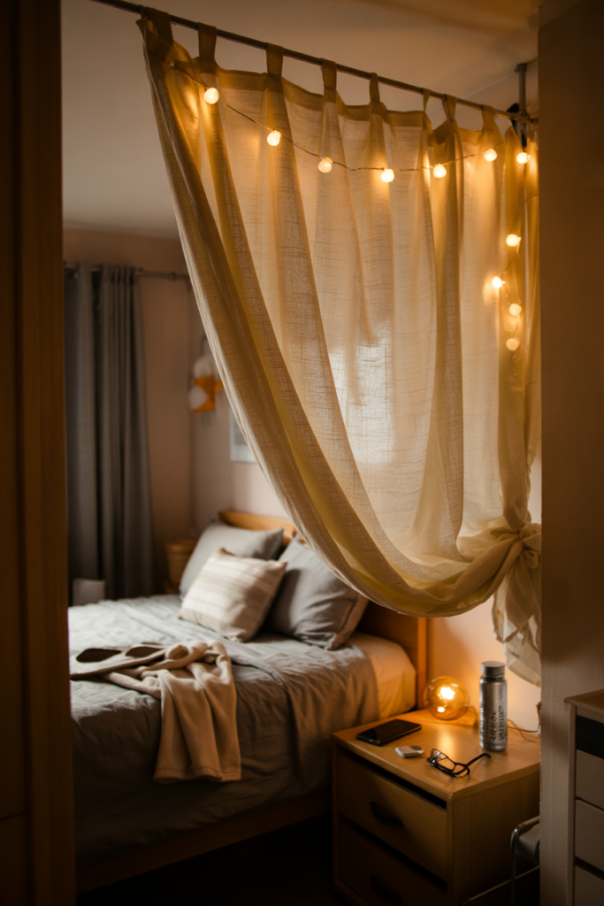 Dorm room decorated with mini curtain string lights 