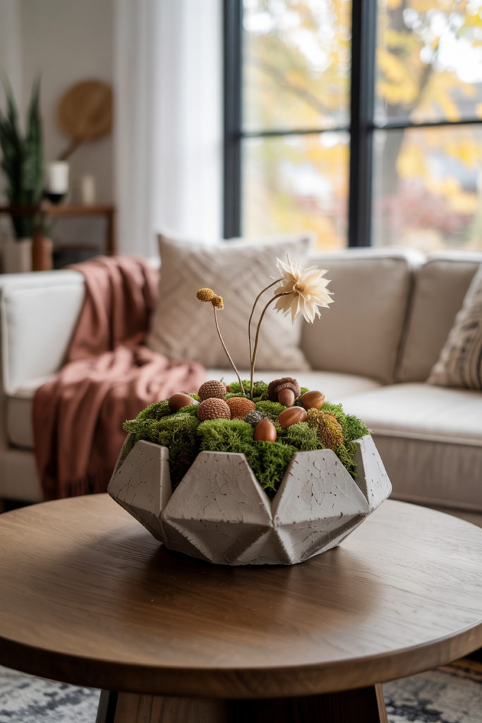 Modern contemporary end table featuring a geometric concrete bowl filled with preserved moss, scattered acorns, and a single dried flower, styled as a minimalist fall centerpiece.