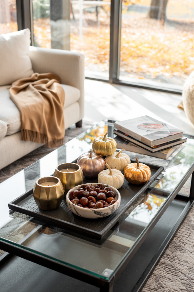 Transitional luxe living room coffee table styled with a slate tray holding metallic gold and silver decorative objects, candles, and subtle fall accents for a modern and elegant autumn centerpiece.
