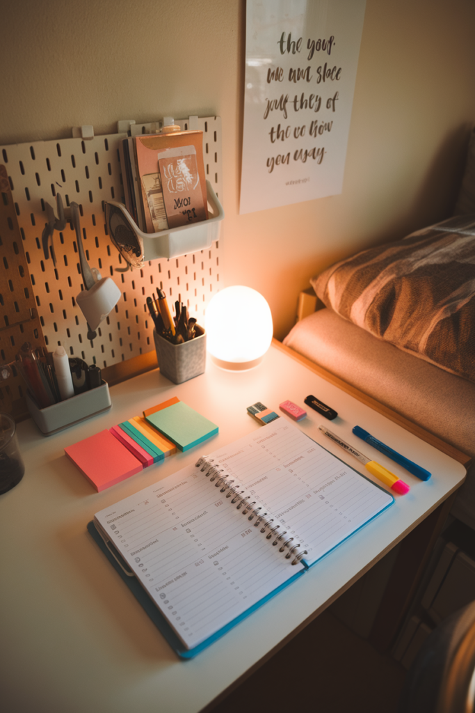 Dorm room study desk featuring a daily planner 