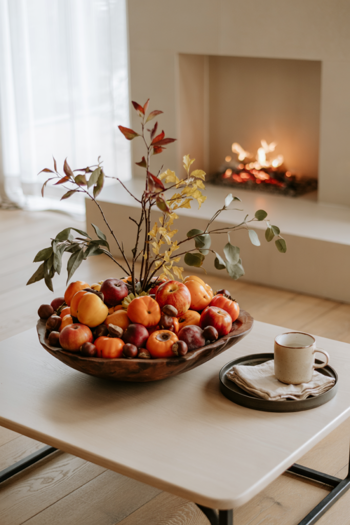 Modern coffee table styled with a sculptural wooden bowl filled with bright persimmons, autumn leaves, and foliage, creating a warm and eye-catching fall centerpiece.