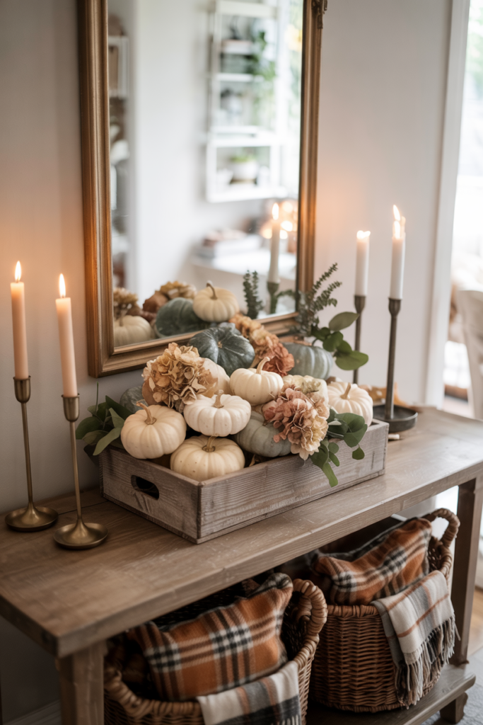 Rustic fall console table centerpiece in a transitional hallway, featuring a reclaimed wooden crate filled with cream and sage pumpkins, dried hydrangeas, eucalyptus, and flanked by bronze candlesticks with taper candles.