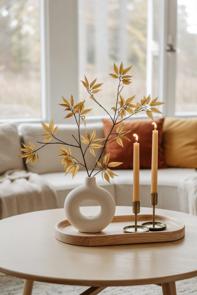 Modern Scandinavian-inspired coffee table styled with a light wood tray holding a sculptural vase, two taper candles, and negative space, creating a minimalist and cozy fall centerpiece.
