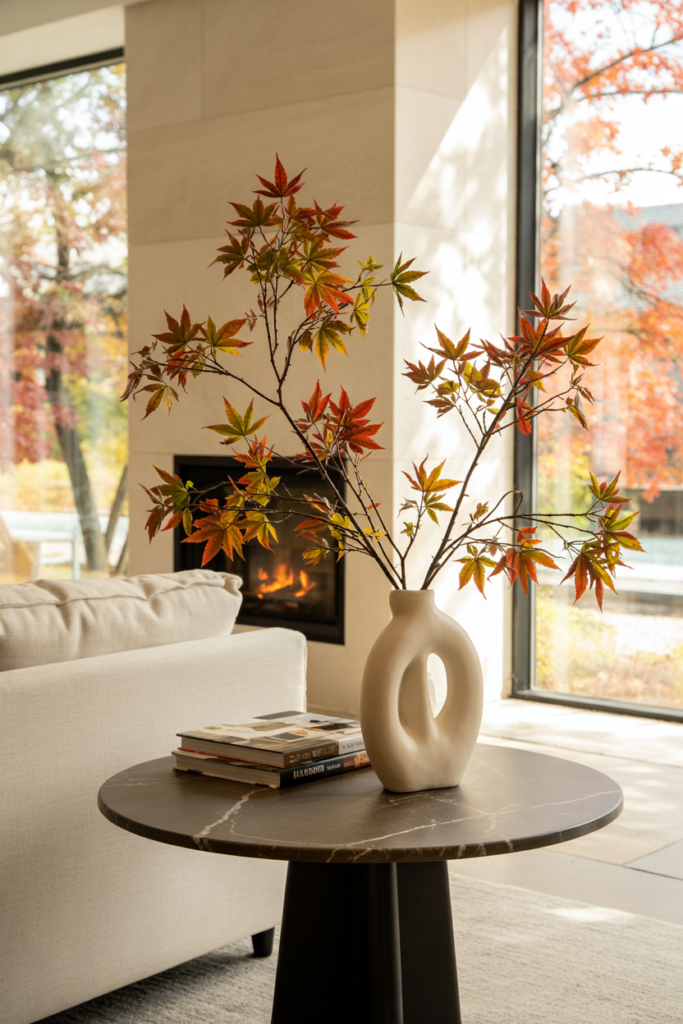 Contemporary loft end table fall centerpiece featuring a tall charcoal vase with foraged autumn branches wrapped in fairy lights, styled on a slim walnut console table with bowls of pinecones and gourds, seagrass basket below, and golden light streaming through black-framed windows.