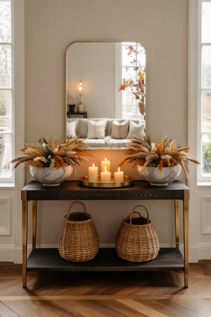 Modern contemporary console table styled with symmetrical marble bowls filled with golden wheat domes, creating a clean, elegant, and autumn-inspired fall centerpiece.