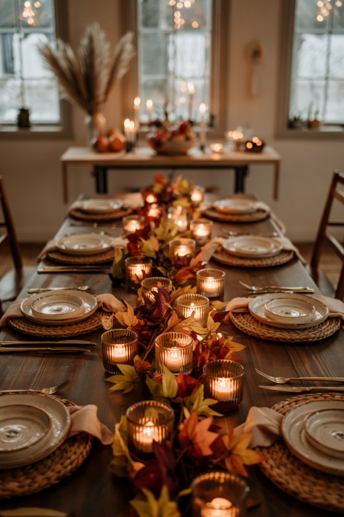 Long dining table styled with a faux leaf garland runner and evenly spaced glass tea-light candles, creating a warm, cozy, and Pinterest-worthy fall centerpiece.
