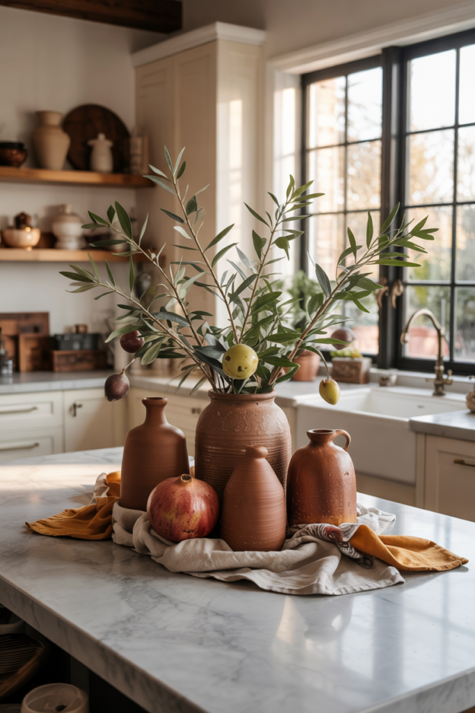 Kitchen countertop styled with terracotta vases holding silvery olive branches, dried figs, and pomegranates, arranged with linen napkins for a sophisticated Mediterranean-inspired fall centerpiece.