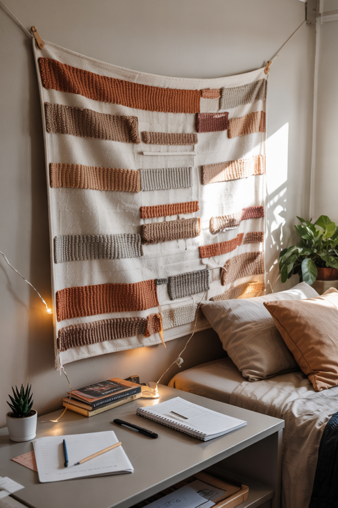 Bohemian style woven wall tapestry as a dorm room décor 