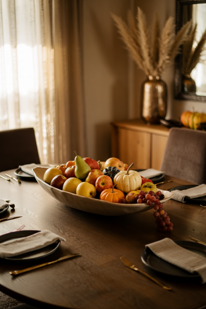 Oval dining table styled with a contemporary dough bowl overflowing with apples, pears, grapes, small pumpkins, and greenery, creating an abundant and cozy fall centerpiece.