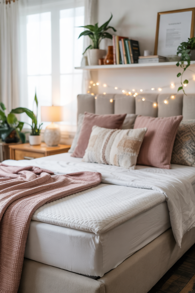 Pink and White Twin XL Bedding set for the dorm room