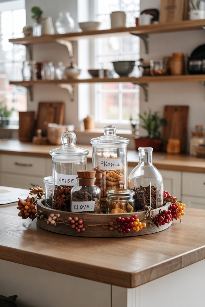 Assorted glass apothecary jars filled with layered spices like cloves and star anise, accented with faux berries, clustered on a decorative tray on a modern transitional kitchen countertop for a cozy fall centerpiece.