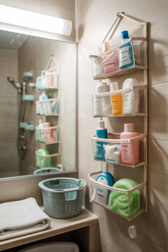 Wall mounted shower caddy and organizer for dorm room bathroom