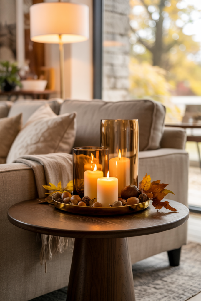 Coffee table styled with a large rustic wood slice topped with pillar and votive candles, scattered pinecones creating a cozy autumn centerpiece.