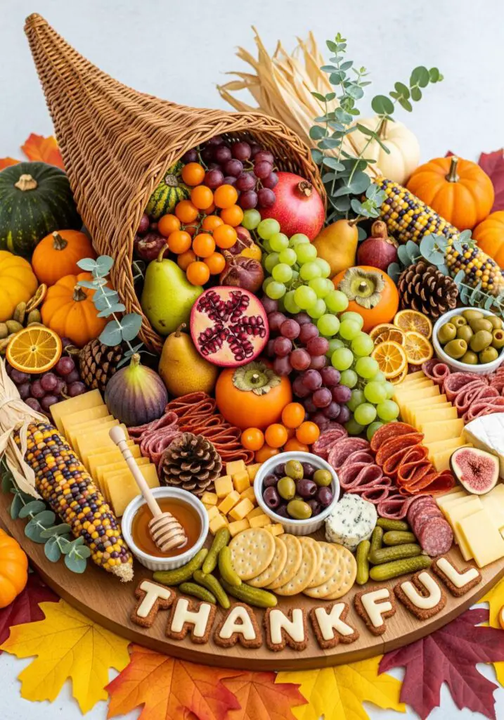 A realistic Thanksgiving cornucopia charcuterie board overflowing with harvest fruits and autumn décor. A wicker horn spills out grapes, pears, figs, persimmons, pomegranates, cherry tomatoes, and colorful gourds, surrounded by cheddar slices, herbed cheese, folded salami, pepperoni, crackers, olives, cornichons, and a small honey bowl with dipper. Decorative mini pumpkins, Indian corn, pinecones, dried orange slices, and eucalyptus sprigs accent the spread. The round wooden board reads THANKFUL in rustic letters, framed with fall leaves in warm orange, yellow, and red tones. Cozy, abundant, festive Thanksgiving vibe.