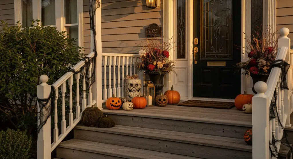 Stylish Halloween porch at golden hour with a layered dried wreath, mixed matte pumpkins (white, green, gold), lanterns, velvet throw on a bench, and elegant autumn accents in moody neutrals and burgundy.