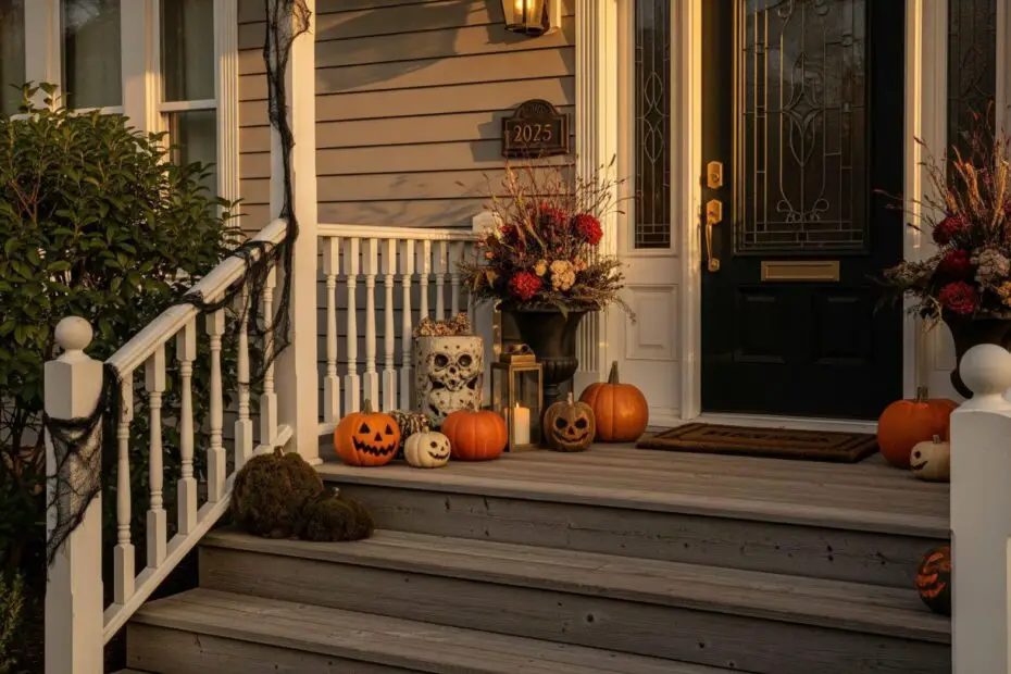 Stylish Halloween porch at golden hour with a layered dried wreath, mixed matte pumpkins (white, green, gold), lanterns, velvet throw on a bench, and elegant autumn accents in moody neutrals and burgundy.