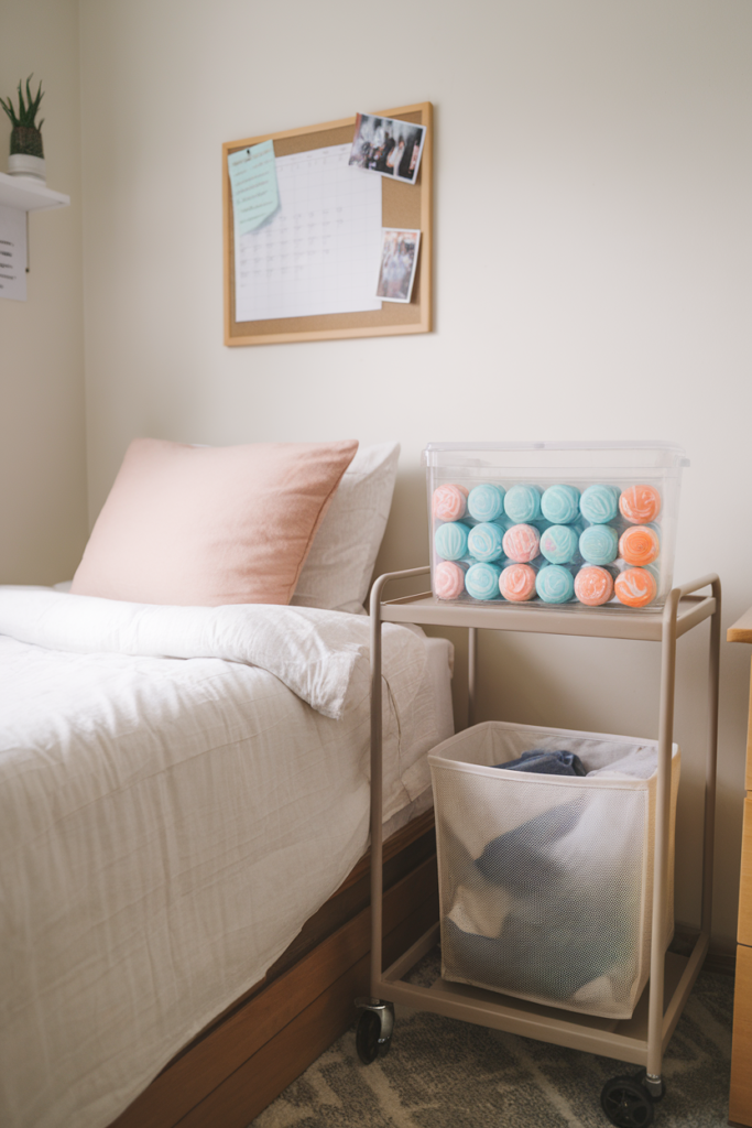 Neatly arranged laundry pods on the bedside cart in the dorm room