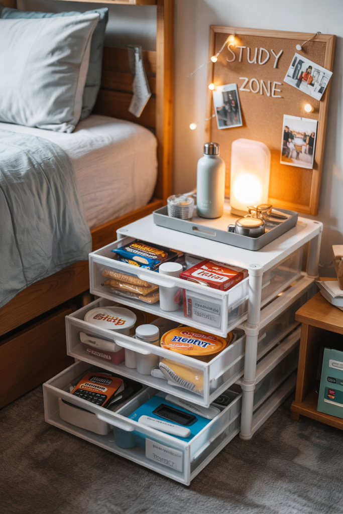 Stackable drawer next to the dorm bed storing snacks and extra toiletries. 