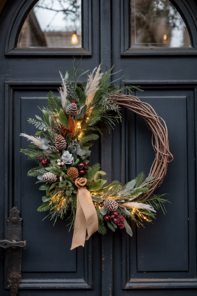 Front view of a deep-charcoal paneled door hung with an asymmetrical sculptural wreath—lush fir, eucalyptus and pampas clustered on one side while the twig base remains exposed, finished with a linen ribbon and subtle fairy lights.