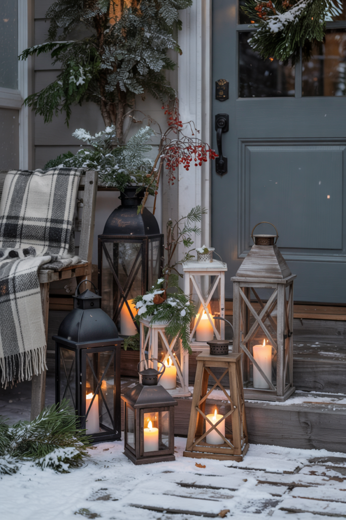 A cozy winter porch decorated with bundle-style lantern clusters of varying heights, each glowing warmly with pillar and LED candles. Evergreen branches, pinecones, and red berries are tucked between the lanterns, resting on a snow-dusted wooden porch. A deep green front door with a simple wreath appears in the background, while soft golden light reflects off frosted glass and fresh snow, creating an inviting festive winter atmosphere.