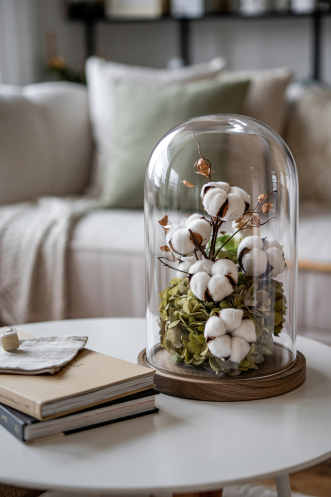 A large clear glass cloche rests on a round wood or marble base covering oversized cotton bolls, dried hydrangeas in muted sage and olive tones and a few burnished copper seed pods.