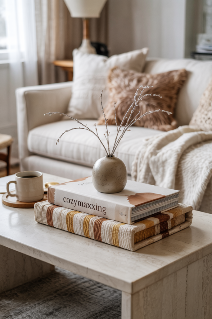A stacked set of decorative books wrapped in bouclé fabric covers in cream and warm beige forms a plush base topped with a small matte bud vase holding silver-dipped branches, displayed on a pale wood table next to a lit candle and a folded faux-fur throw to create a tactile “cozymaxxing” centerpiece.