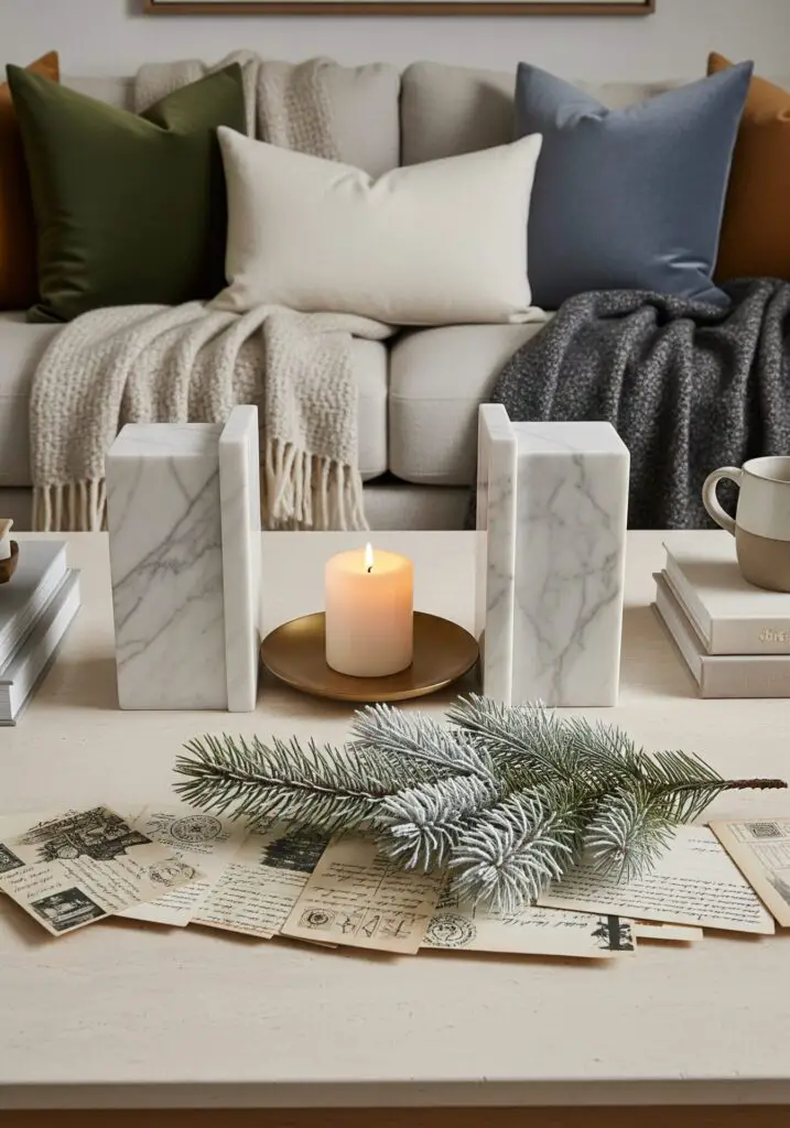 A pair of polished marble bookends flank a flat brass candle plate that holds a neat lineage of vintage postcards with sepia tones and handwritten script, topped by a single frosted pine branch, all arranged on a modern coffee table.