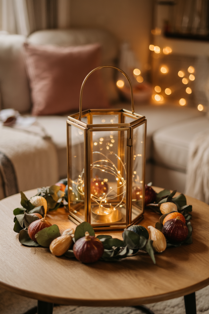 A mid-size metal-framed lantern with clear glass panels is filled with warm LED fairy lights and sits encircled by a ring of dried figs and deep plum-hued mini gourds and eucalyptus sprigs, the dark jewel tones and organic textures producing a cozy winter centerpiece.