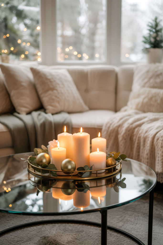 A round glass tray anchors a cluster of short ivory pillar candles interspersed with fresh eucalyptus sprigs and a few matte gold ornaments, all placed on a neutral-toned coffee table in front of a cream boucle sofa.