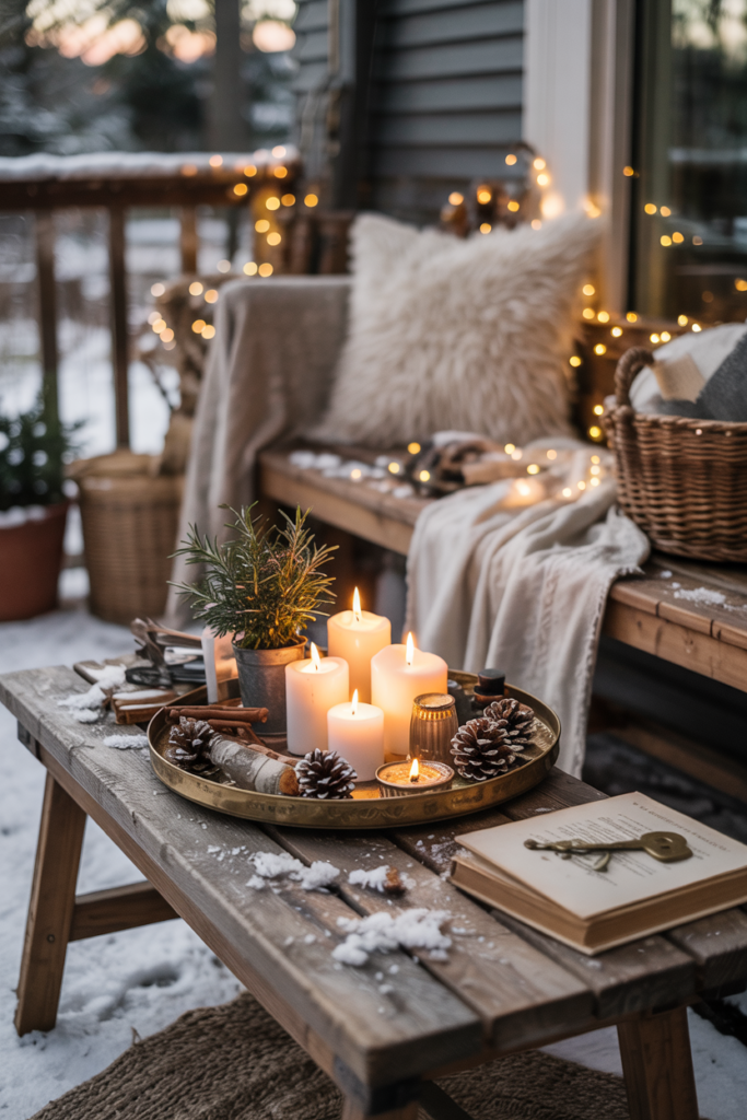 Reclaimed-wood bench used as a coffee table topped with a brass tray of pillar candles, frosted pinecones, birch branches and a steaming mug on a snow-dusted porch.