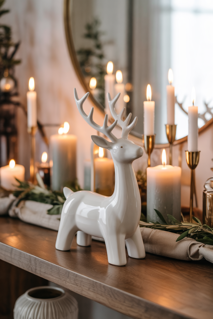 A sculptural ceramic reindeer serves as the focal object surrounded by a cluster of small sage-green pillar candles and varying-height matte gold candlesticks