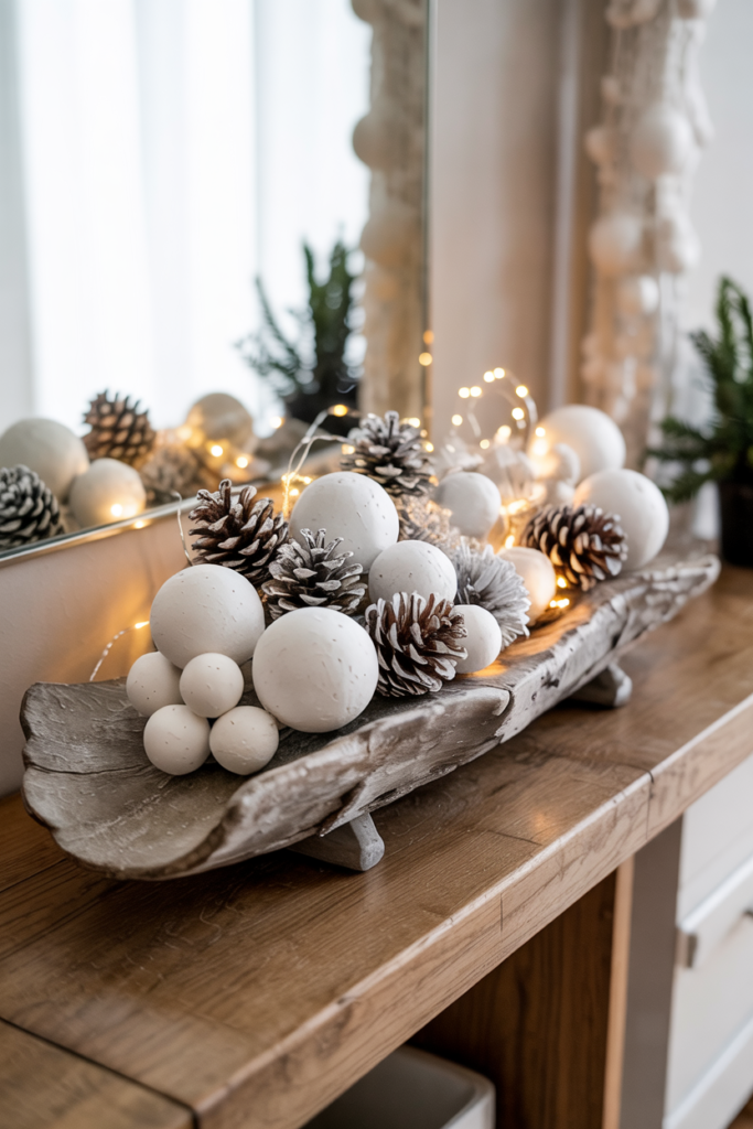A long piece of driftwood lies across the console and is topped with clusters of textured plaster “snowball” spheres, scattered small pinecones and a delicate string of warm-white mini lights woven through the composition, the combination of coastal-worn wood, matte white texture and soft illumination producing a calm, tactile winter vignette.