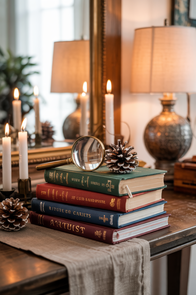 A “library” vignette features a stack of hardcover books in jewel-toned cloth bindings topped with a small brass magnifying glass, a vintage pinecone with frosted tips and a narrow taper candle in a minimalist holder.