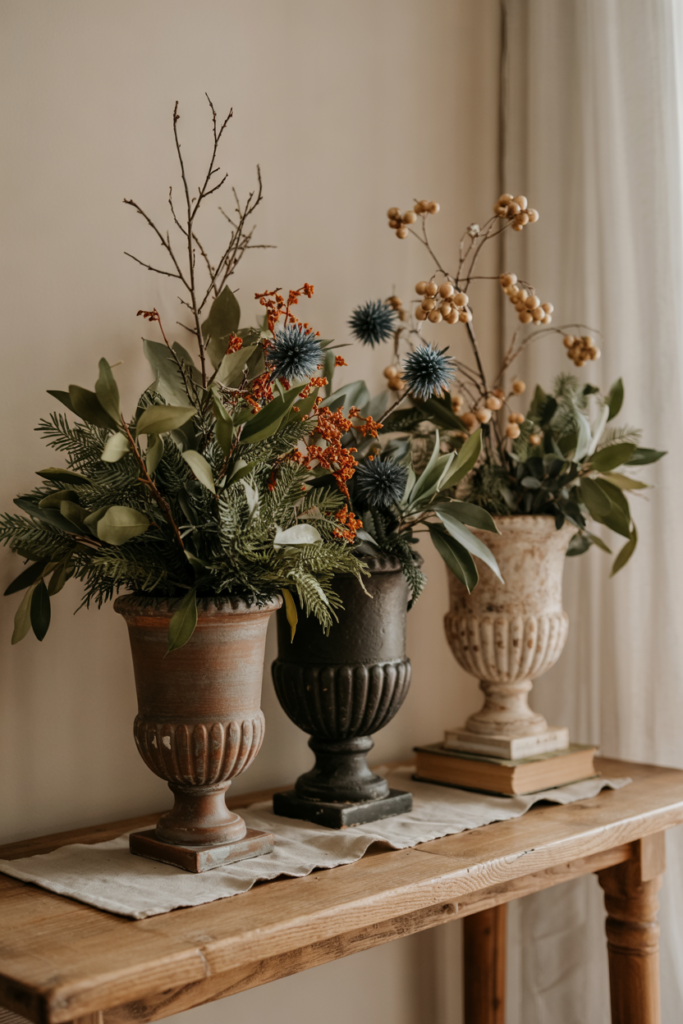 Three mismatched vintage urns in warm mocha and espresso tones sit grouped across a console and overflow with lush winter greenery—cedar, magnolia and olive leaves—each urn featuring a distinct accent color such as burnt orange, deep teal and champagne-gold berries.