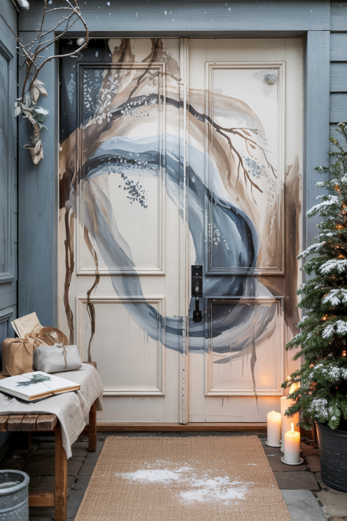winter porch featuring a custom painted  door mural with subtle festive or nature-inspired artwork — transforming the entryway into a statement focal point that adds elegant seasonal charm without heavy décor.