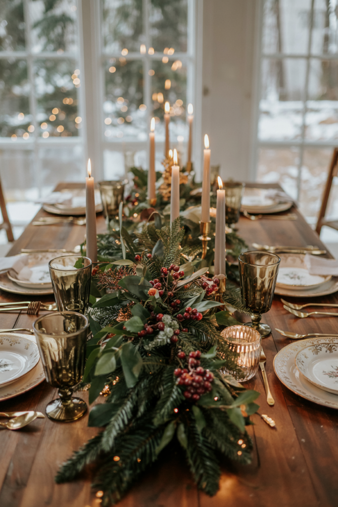 A lush rumpled evergreen garland centerpiece woven with deep emerald foliage and clusters of burgundy berries runs the length of a rustic wood dining table, punctuated by tall tapered candles in aged brass holders whose warm flicker reflects in crystal glassware and gold-rimmed white plates.