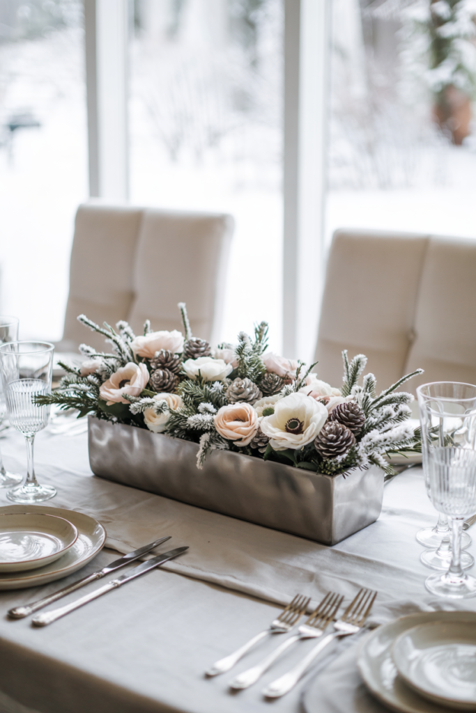 A low rectangular trough of brushed silver or matte concrete sits centered on a light oak table and is filled with frosted artificial branches, delicate pale blush anemones, and matte silver pinecones, surrounded by white porcelain place settings with silver-edged plates, crystal stemware and pale blush linen napkins under cool diffused winter daylight that enhances the pale, serene color palette.