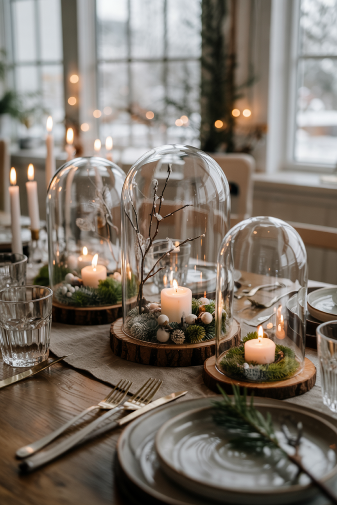 A sequence of small glass cloches sits atop a narrow linen runner on a warm wood table, each dome containing a miniature winter “snow-globe” scene of green moss, white berries and tiny frosted twigs surrounding a glowing votive candle, with scattered snow-dusted greenery and tiny pinecones between domes and subtle candle reflections creating a whimsical, intimate tablescape