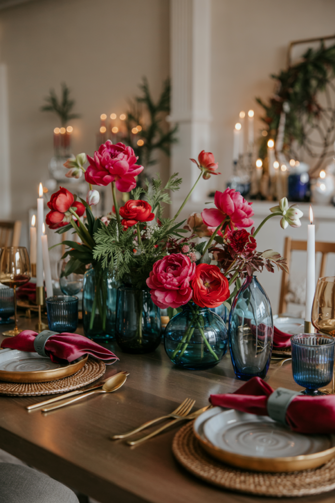 A bold jewel-toned centerpiece featuring a row of sapphire blue glass vases filled with ruby red peonies, amaryllis and ranunculus sits on a dark wood table, accented by velvet napkins in jewel hues, brushed brass cutlery and tinted glassware as candlelight shimmers on the sapphire glass and deep green foliage, producing a lush, layered, glamorous winter tablescape.