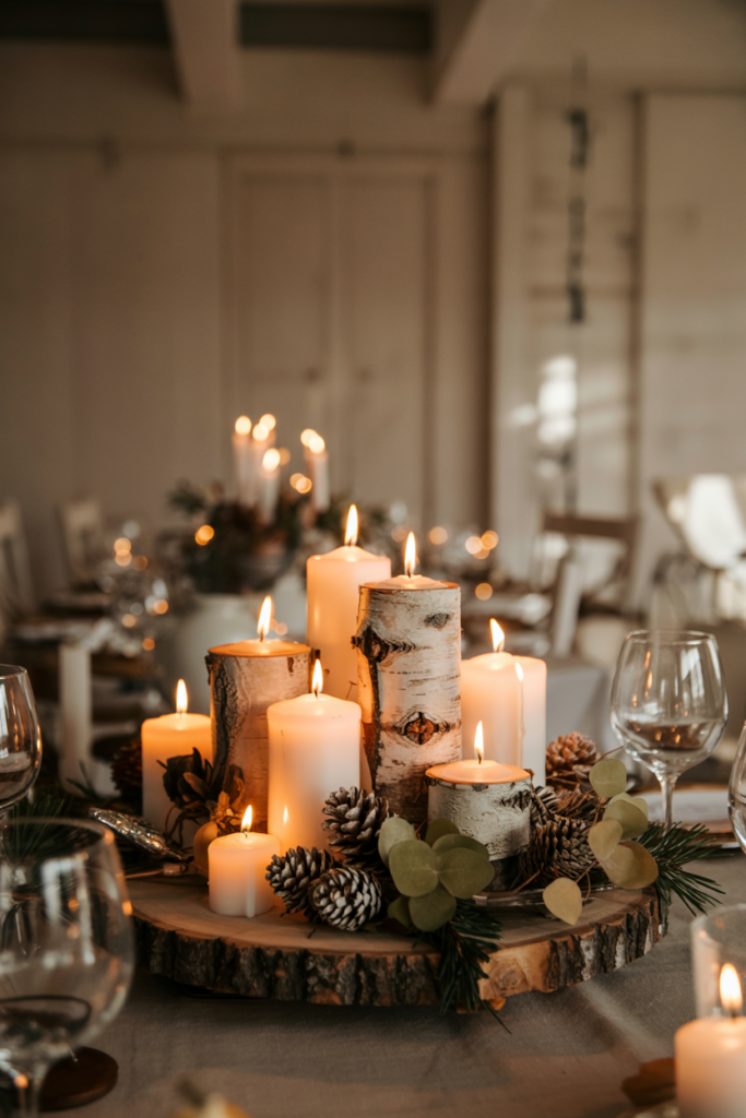 A rustic-elegant vignette centers on a live-edge wooden slab base topped with a cluster of birch-wrapped pillar candles in varying heights, scattered pinecones and minimal olive-toned greenery such as eucalyptus and sage, surrounded by ivory dinnerware and warm glassware.