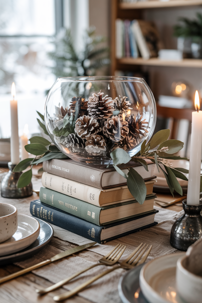 A “winter library” centerpiece composed of stacked vintage books in muted taupe, navy and forest tones supports a planetarium-style glass bowl filled with frosted pinecones, while a trailing garland of dusty sage foliage cascades across a dark walnut table amid brushed gold flatware and soft votives to create a nostalgic, storybook winter tablescape.