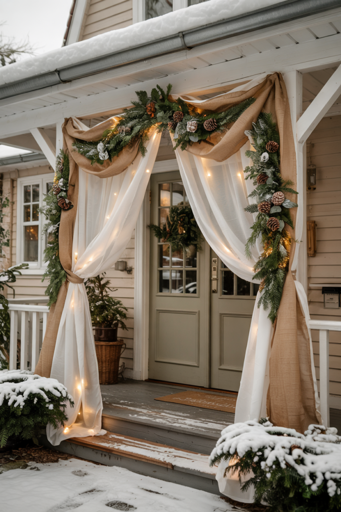 A cozy winter porch decorated with softly draped fabric swags made of linen and burlap intertwined with pine branches, eucalyptus, and red berries. Warm fairy lights glow through the folds of fabric, while light snow dusts the railings and steps. A green front door with a wreath and nearby lanterns complete the elegant, festive winter look.