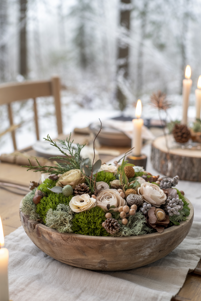 Low, wide wooden bowl filled with moss, bark, seed pods, tiny mushrooms and muted roses on a farmhouse table.