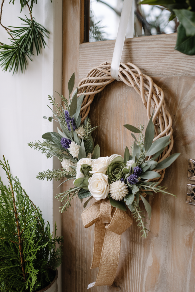 Front view of a linen-beige door showing an eco-friendly wreath woven from recycled paper rope and dried vine, accented with preserved flowers, eucalyptus, dried citrus and natural raffia ties.